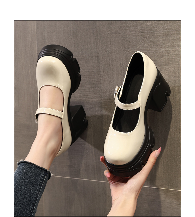 Giày sandal cao gót nữ quai ngang gót thô đế dày tăng chiều cao phong cách học đường — Màu be, Màu đen chi tiết 13