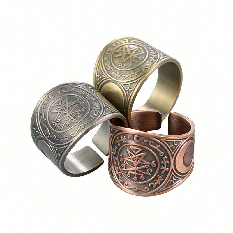 Copper Cut-Out Open Ring, Antique Silver Open Men's Large Ring, Etched Seven-Pointed Star Magic Ring