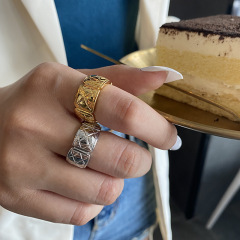 時尚小香風個性開口可調節金屬戒指女格子條紋港風街拍女生首飾