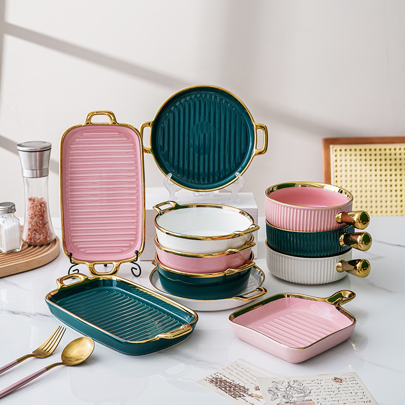 Nórdico creativo oro borde tazón placa vajilla combinación traje ins estilo desayuno de cerámica ensalada fruta postre bandeja