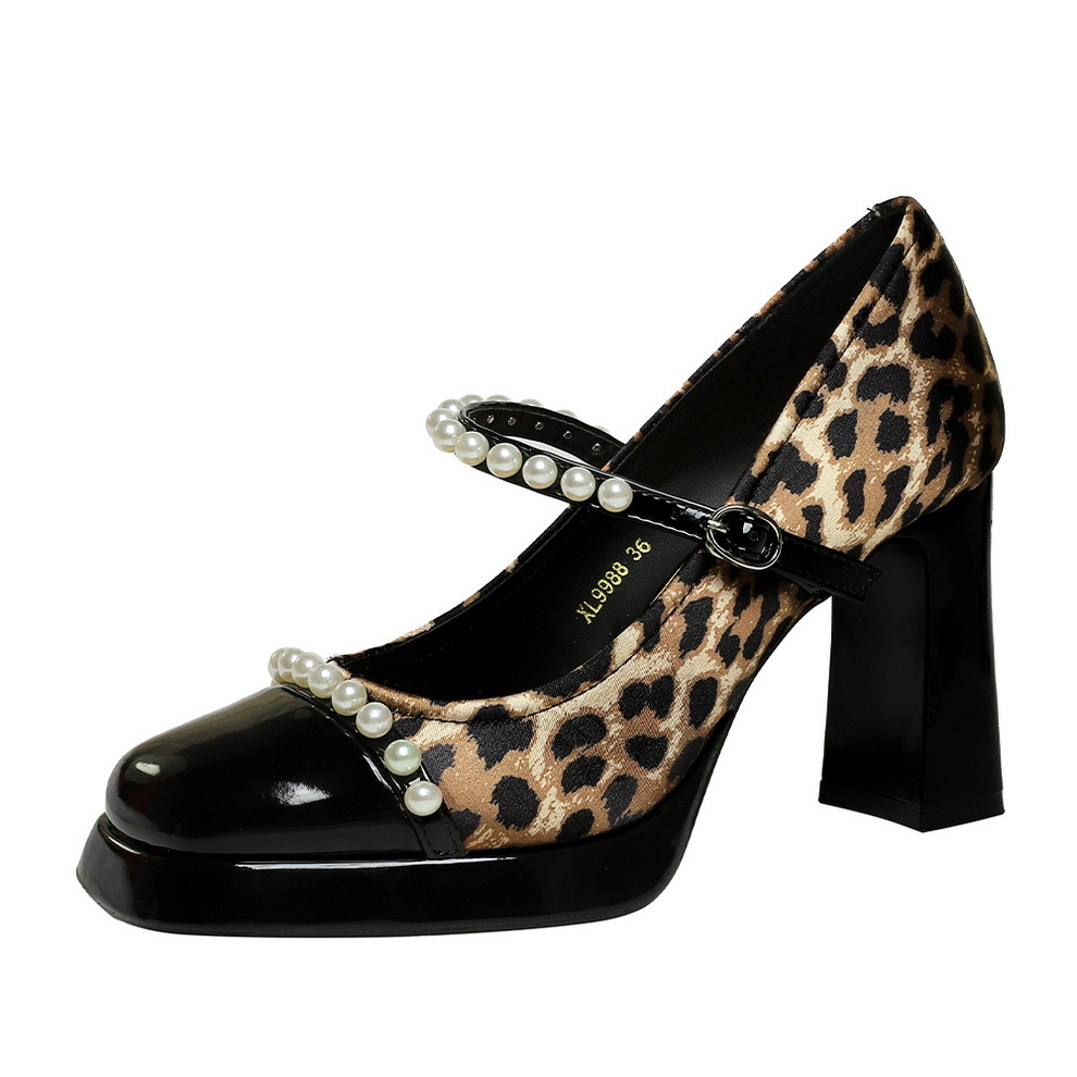 9988-H112 Retro Style Leopard Print Color Block Square Toe Chunky Heel Women's High Heels With Waterproof Platform And_vogvips.com