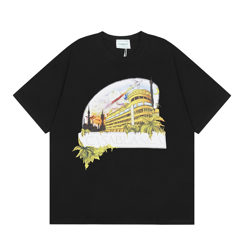 クロスボーダー2025夏服カサブランカドア枠ロゴプリント男女ゆるい半袖tシャツ重ポンド綿|undefined