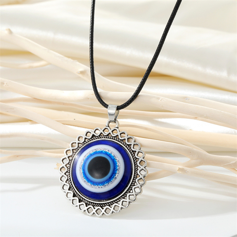 Retro round alloy blue devils eye pendant necklace black rope eye clavicle chainpicture11