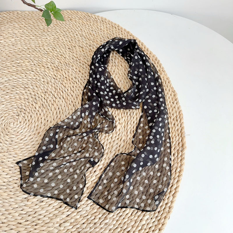 French Hepburn Style Black And White Polka Dot Silk Georgette Scarf - Elegant Commuter Flowy Thin Neck Scarf For Women (Spring/Summer) - Thumbnail 8