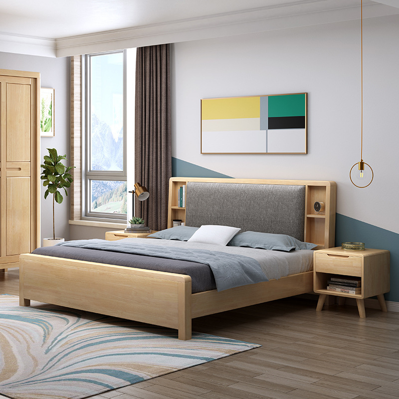 Cama de madera maciza nórdica cama doble 1,8 m 1,5 moderno minimalista registro suave cojín apartamento dormitorio muebles de almacenamiento cama de la boda