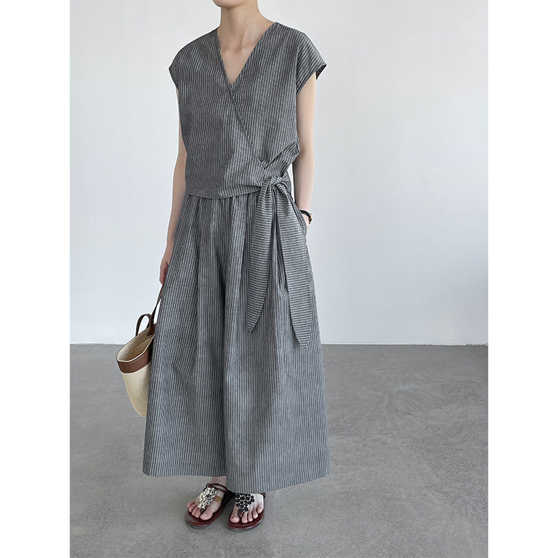 Taochuan Korean-Style Relaxed Fit Tie-Up V-Neck Top + Wide-Leg Pants Two-Piece Set 26 Summer Women's 26027