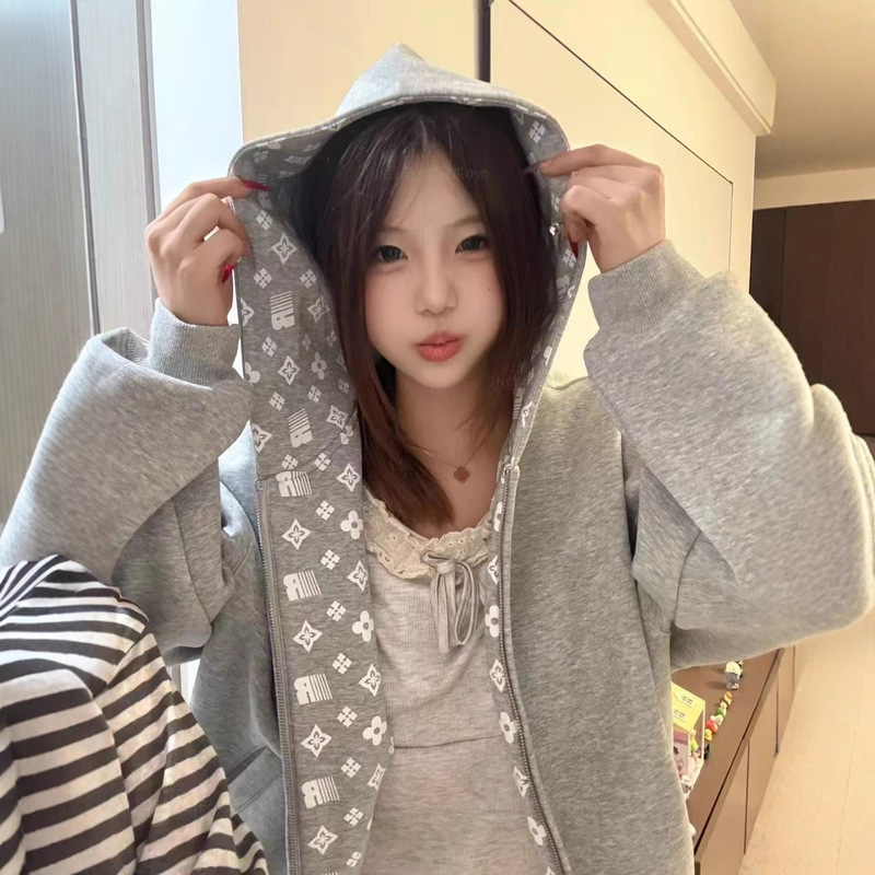 American Sweet and Cool Pattern Hooded Sweatshirt for Autumn and Winter Sweet Wear Plus Velvet Thickened Loose Thin Cardigan Jacket