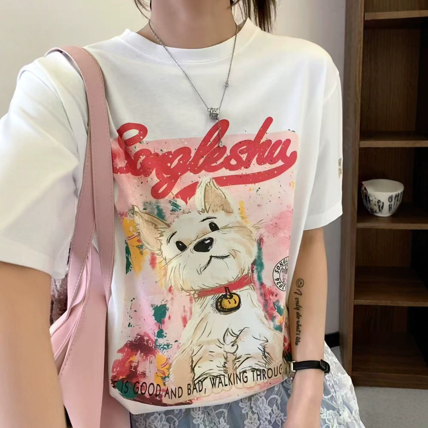 宽松内搭打底衫女网纱拼接宽松长袖t恤上衣ins短袖百搭圆领新款