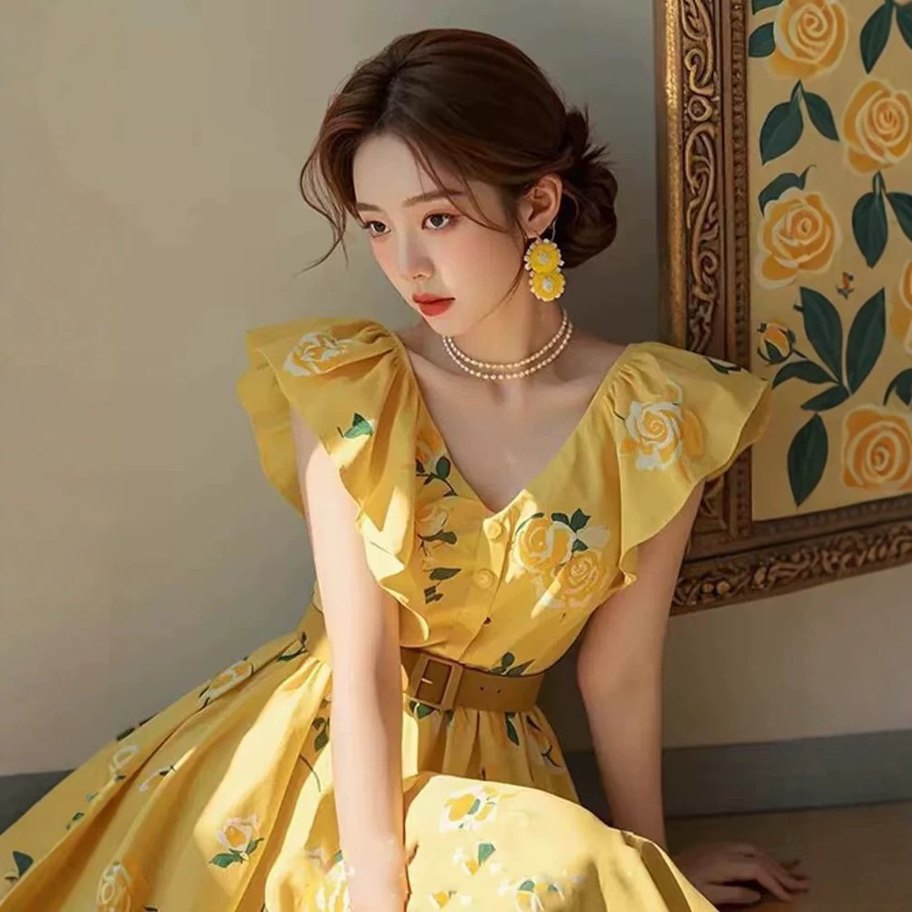 Đầm suông midi hoa hồng vàng tay phồng kiểu Pháp — màu vàng chi tiết 2