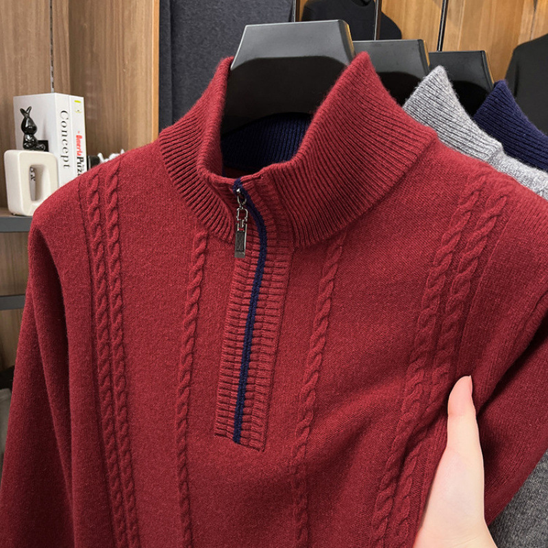 2025 Autumn and Winter All-Wool Jacquard Zipper Sweater for Men 100% Pure Wool Half Turtleneck Pure Color Knitted Sweater for Men