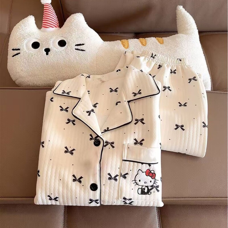 Japanese-Style Bow Hello Kitty Pajamas for Women, Autumn and Winter Warm Thickened Air Layer Set, Student Loungewear