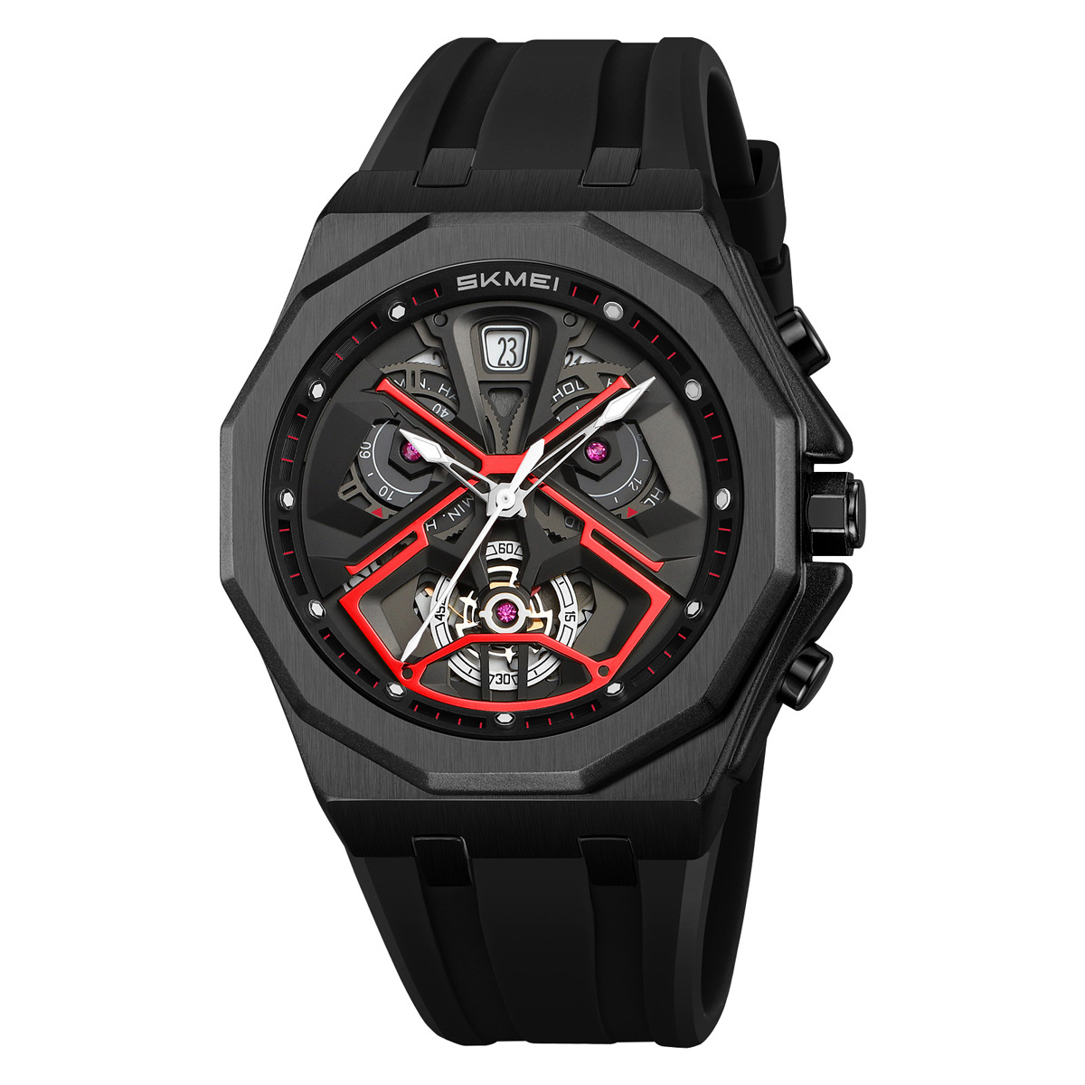 Momento de belleza para hombres octogonal oro viento mecánico reloj de cuarzo transfronterizo correa de silicona multifuncional relojes de pulsera ocio