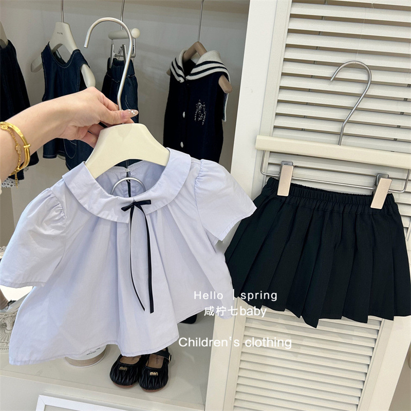 Sweet Little Style Spring/Summer Girls' Academy Style Solid Color Pleated Skirt Set Summer Short-Sleeve Shirt Two-Piece Set Trendy and Fashionable