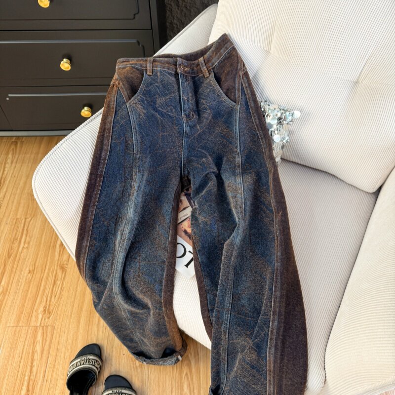 American retro style women's summer thin high-waisted slimming and height-enhancing wide-leg jeans, distressed washed long pants for trendy girls American retro style women's summer thin high-waisted slimming and height-enhancing wide-leg jeans, distressed washed long pants for trendy girls