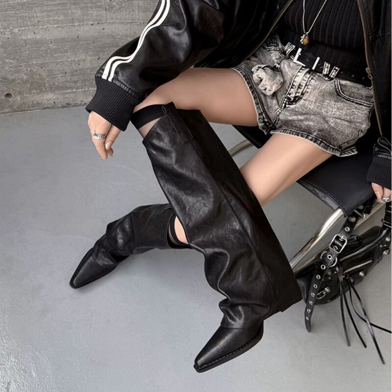 Senhejiang Wasteland Style Fiber Leather High Heel Pants Boots Women's Long Black Boots Autumn and Winter New Thick Heel Pointed Knight Boots