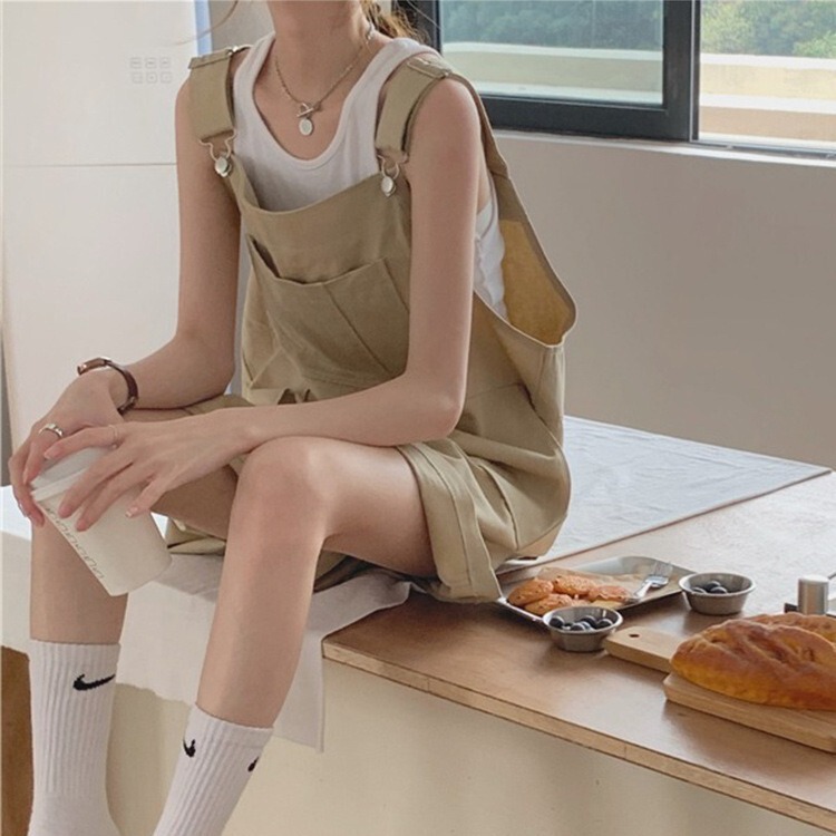 khaki Cotton Work Strap Women's Summer Sling Loose Slimming Straight Large Pocket Casual Wide Leg Shorts Trendy