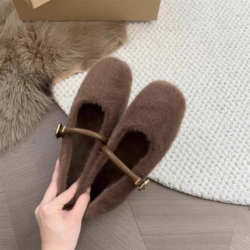 Flat Mary Jane Plush Booties with One Strap, Low-top Square Button Winter Fleece Women's Shoes with Thick Sole