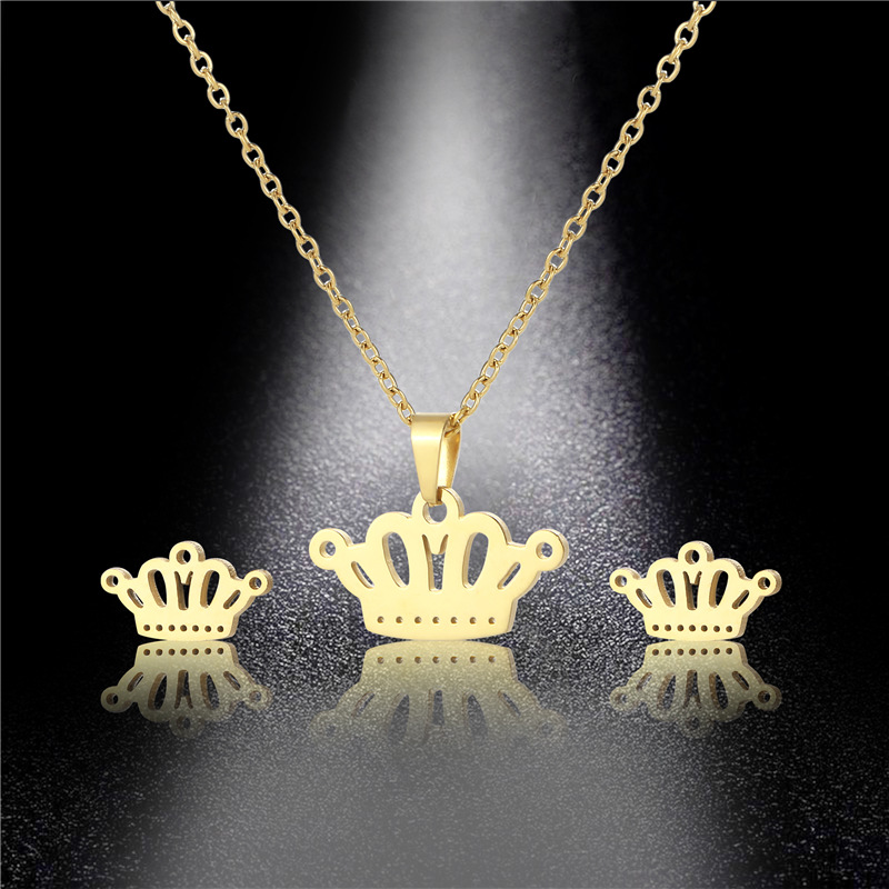 fashion simple crown pendant stainless steel necklace earrings set