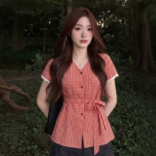 大码胖MM夏装新款韩系v领蕾丝花边格纹短袖小衫上衣