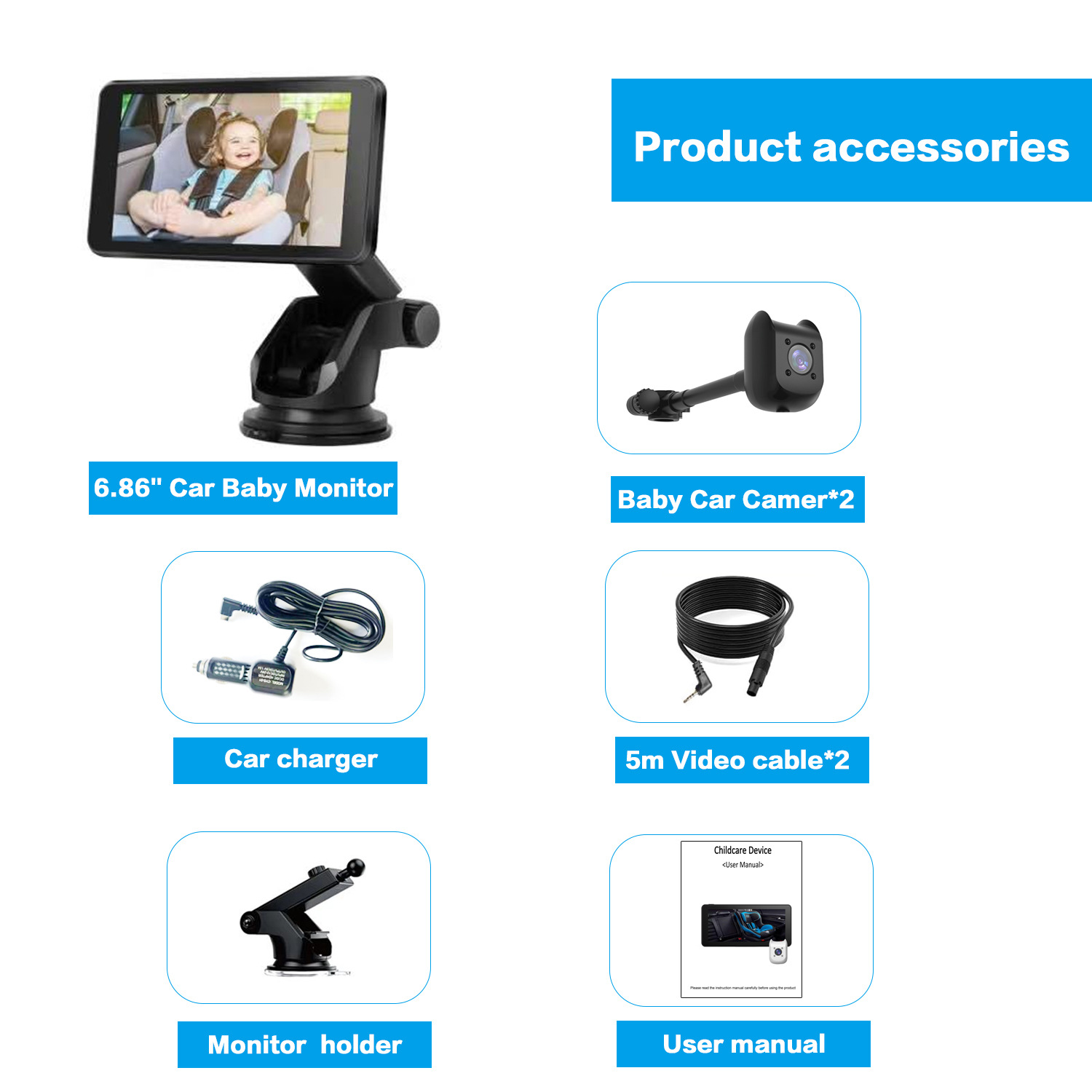 New cross-border product: Car-mounted baby monitor 6.86inch with high-definition display and dual cameras for rear-seat baby monitoring