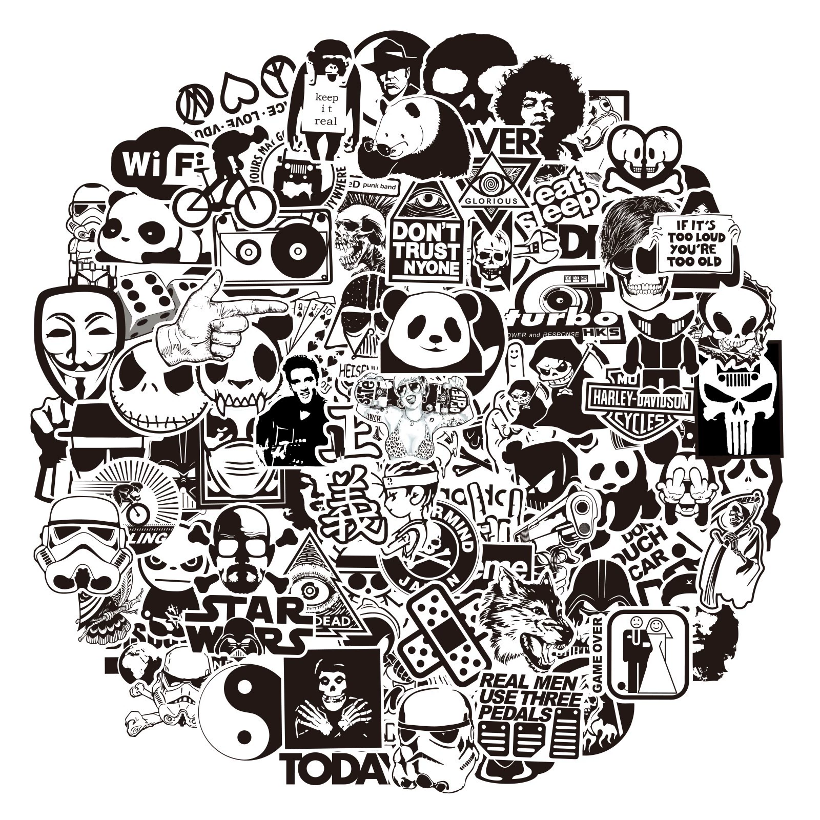Sticker Set, PVC Printed, Assorted Graffiti Designs, Black & White, 50–100 pcs