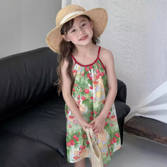 Summer 2024 Cherry Bear Straps Dress for Girls - Unisex Children's Korean Style Vacation Dress