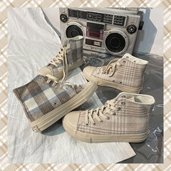 White Deer 2023 New Grid Canvas Shoes for Women Retro Milky Tea High-Top for Girls Live Streaming Group Buying Cross-border E-commerce