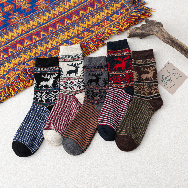 21 autumn and winter warm thickened cross-border double-way middle tube ladies middle tube rabbit wool socks retro ethnic style striped deer