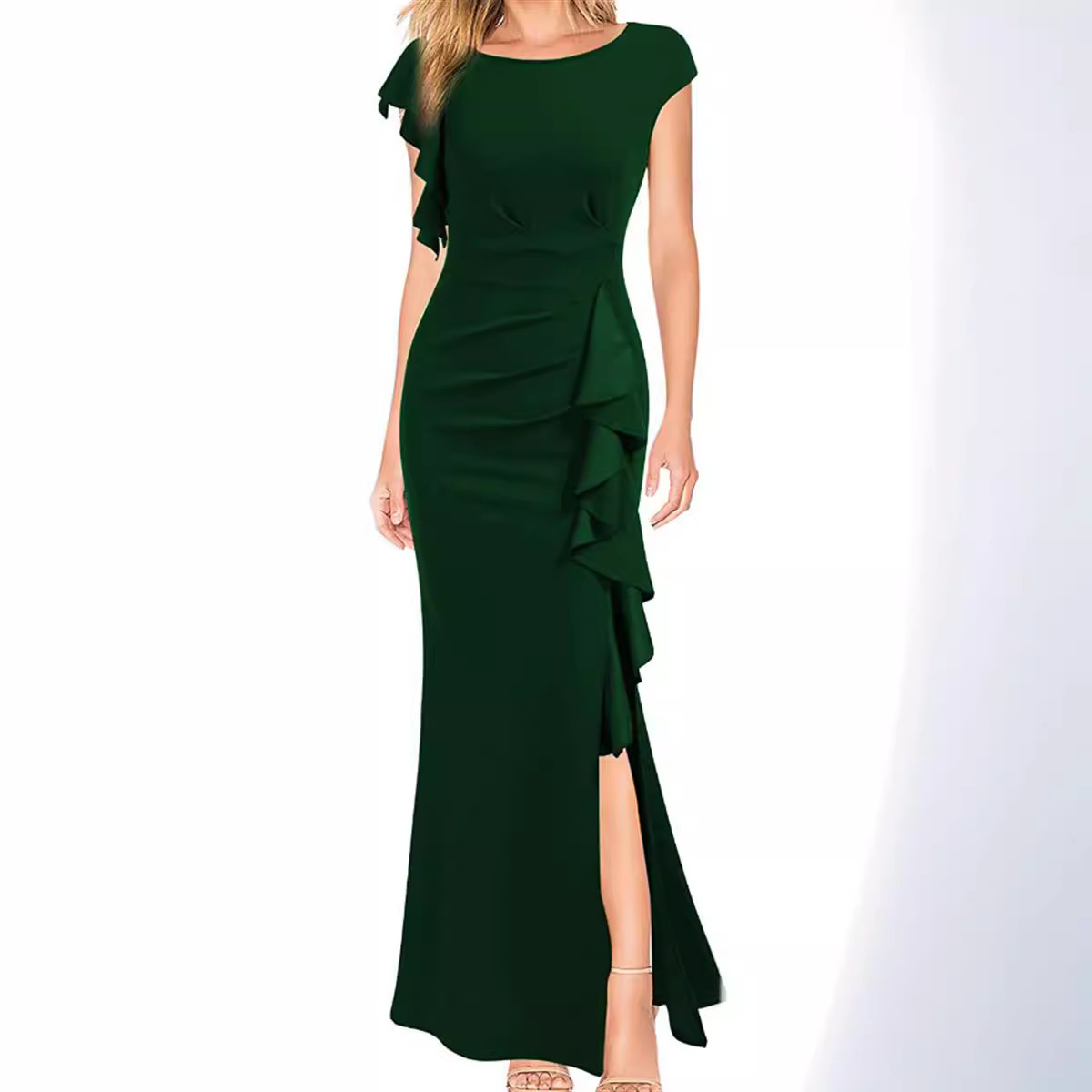 2023 Cross-Border European And American High-Waisted Slit Elegant Fashion Round Neck Commuter Dress Evening Party Gown_ecoleips.com