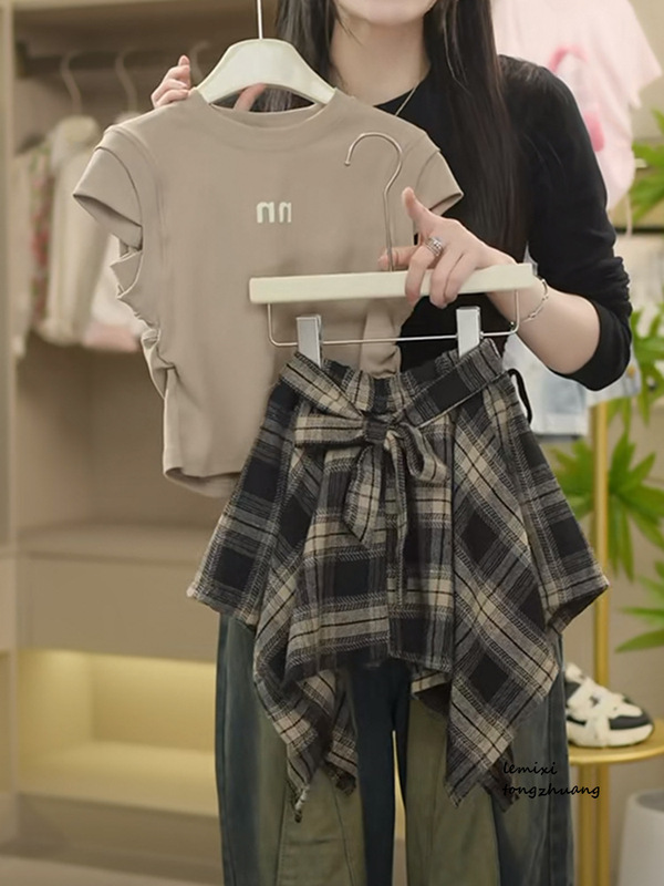 女童露背短袖T恤不规则格子半身裙套装2025夏款中大童半袖两件套|undefined