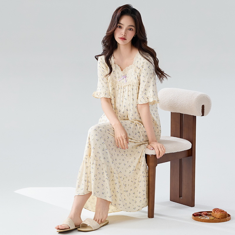Pijama de verano de moda de mujer mangas cortas y media mangas, vestido largo helado, pijama de alta calidad, grasa, mm, tamaño medio y largo.