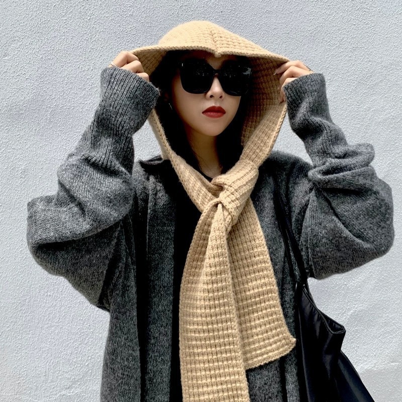 帽子围巾一体新款外搭秋冬季女针织连帽两用保暖百搭毛线披肩围脖|undefined