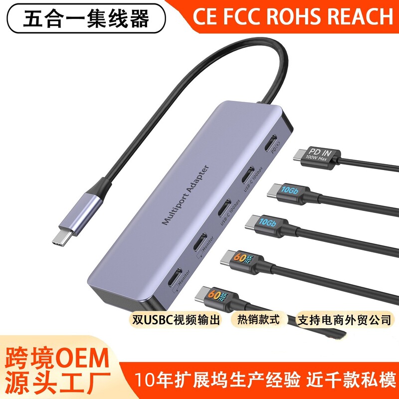 Cross-Border Type-C Docking Station 5-in-1 Multi-Port Hub Dual Usb-C Video Output 10g Laptop Hub