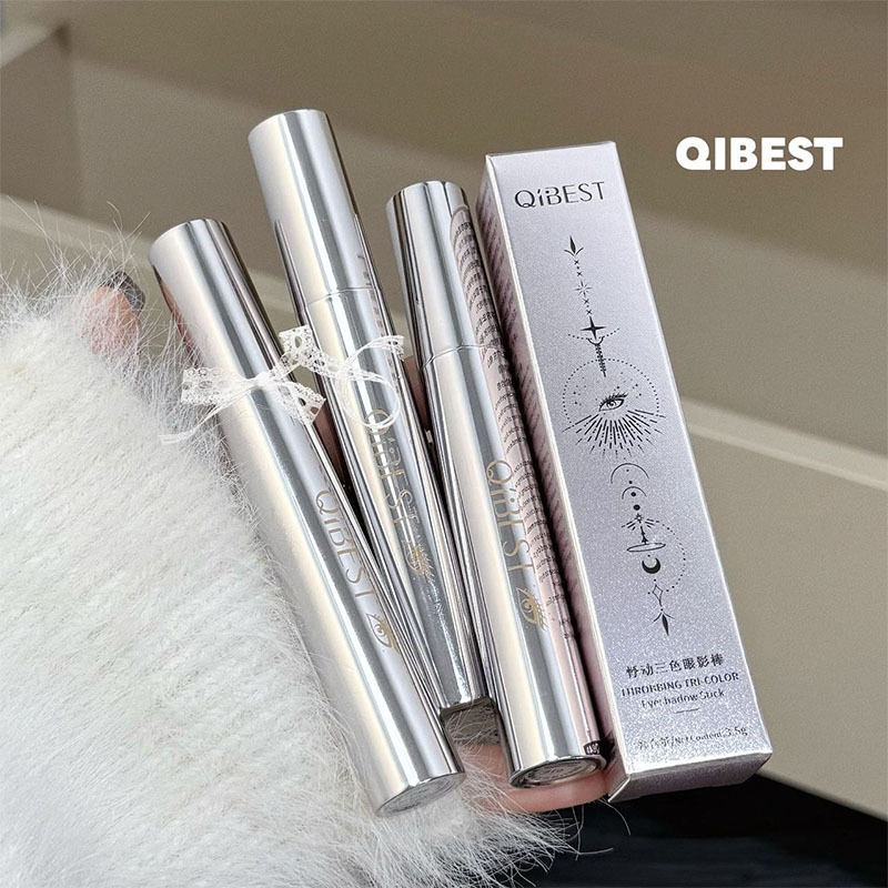Qibest Fluttering Three-Color Eye Shadow Stick, One-Stroke Micro-Shimmer Korean Atmosphere Simple Lazy Color Eye Shadow