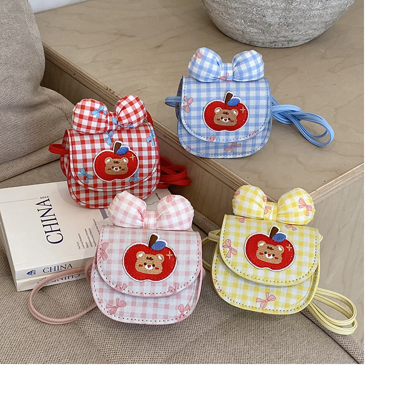 Bolsas infantiles transfronterizas lindas manzanas osos, bolsas de mochila para niños y niñas, bolsas de cambio para bebés con arco a cuadros