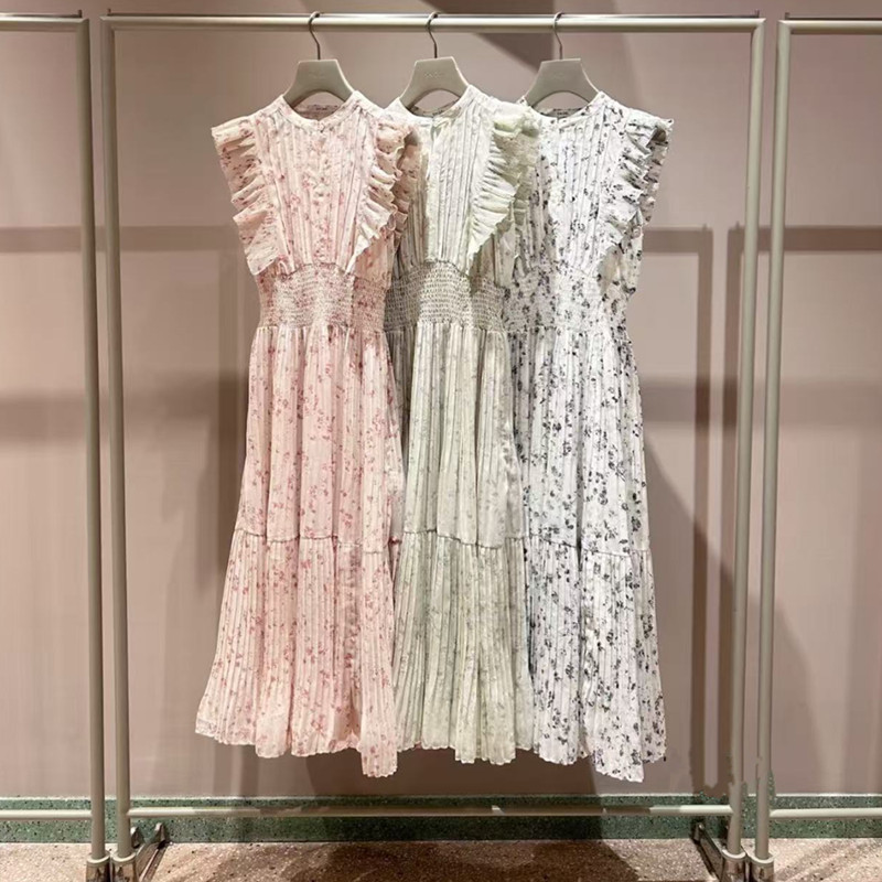 Japanese Style S Home 2025 Xia Chen Duling's Same Style Printed Floral Flying Sleeve Pleated Dress for Women Swfo251073