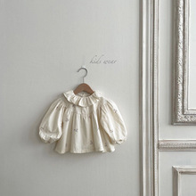 2024韩国童装秋装婴儿荷叶翻领绣花娃娃衫女宝宝春秋衬衣女童衬衫