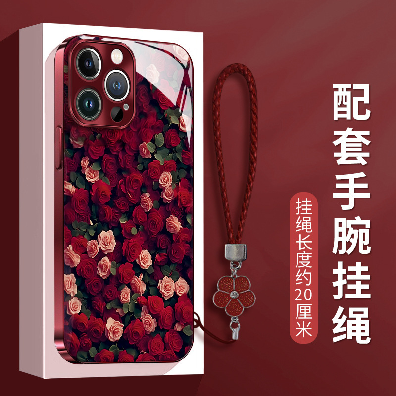 Rose Flower Lanyard for Apple 16pro Phone Case iphone15 Electroplated Glass 14 Advanced Sense Drop-proof 7/8 Rose Flower Lanyard for Apple 16pro Phone Case iphone15 Electroplated Glass 14 Advanced Sense Drop-proof 7/8