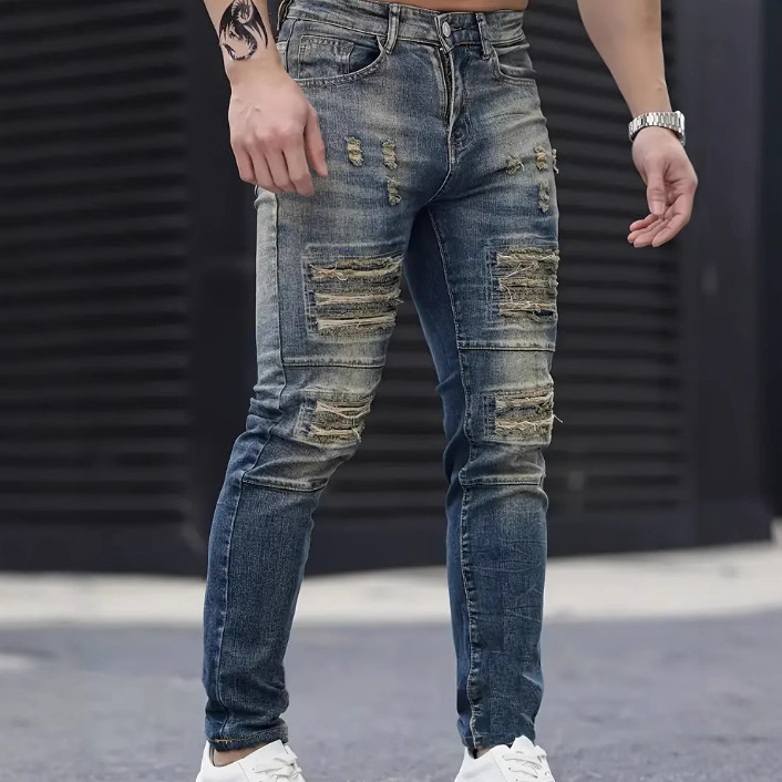 High-End Ripped Jeans Men's Slim-Fitting Pants Summer Thin Light Blue Casual Stretch Korean Style Pants for Men