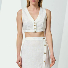 棉麻短款马甲夏季新款法式撞色纽扣无袖上衣简约休闲露脐V领背心