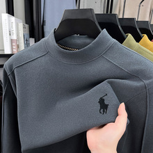 厂家直销秋冬季男士德绒小马标打底衫T恤纯色圆领保暖落肩式卫衣