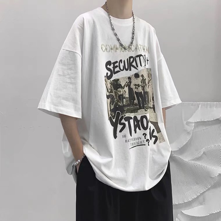 Summer Short-sleeved Trendy Brand Boyfriend Style T-shirt Pure Cotton Loose Round Neck Graffiti Printed Top Hong Kong Style Half-sleeved T-shirt