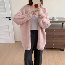 韩系粗线中长款针织开衫女上衣秋装新款宽松慵懒风大版毛衣外套潮