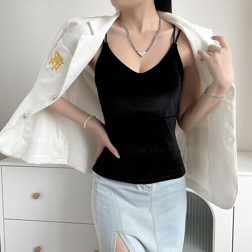 New gold velvet women's vest with beautiful back suspender autumn and winter satin back lace warm base layer top