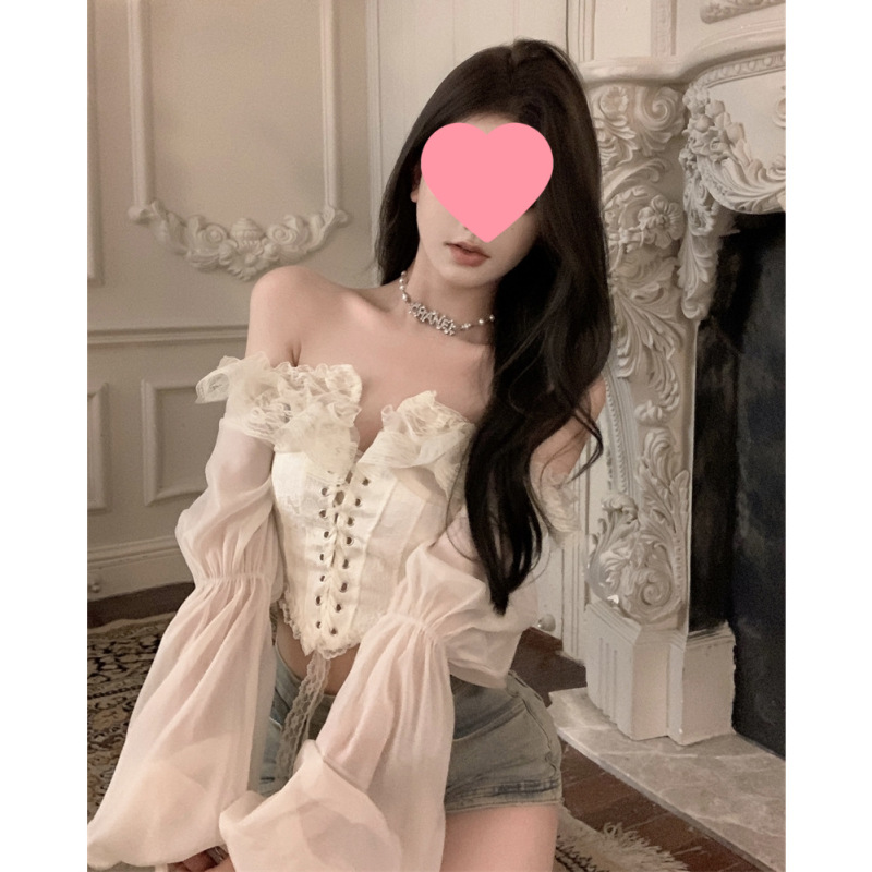 Chiffon Blouse for Women, French Style, Pure Desire Retro Lace, Off-Shoulder, Long Sleeve, Autumn New Model, Fishbone Waist-Cinching, Short Top