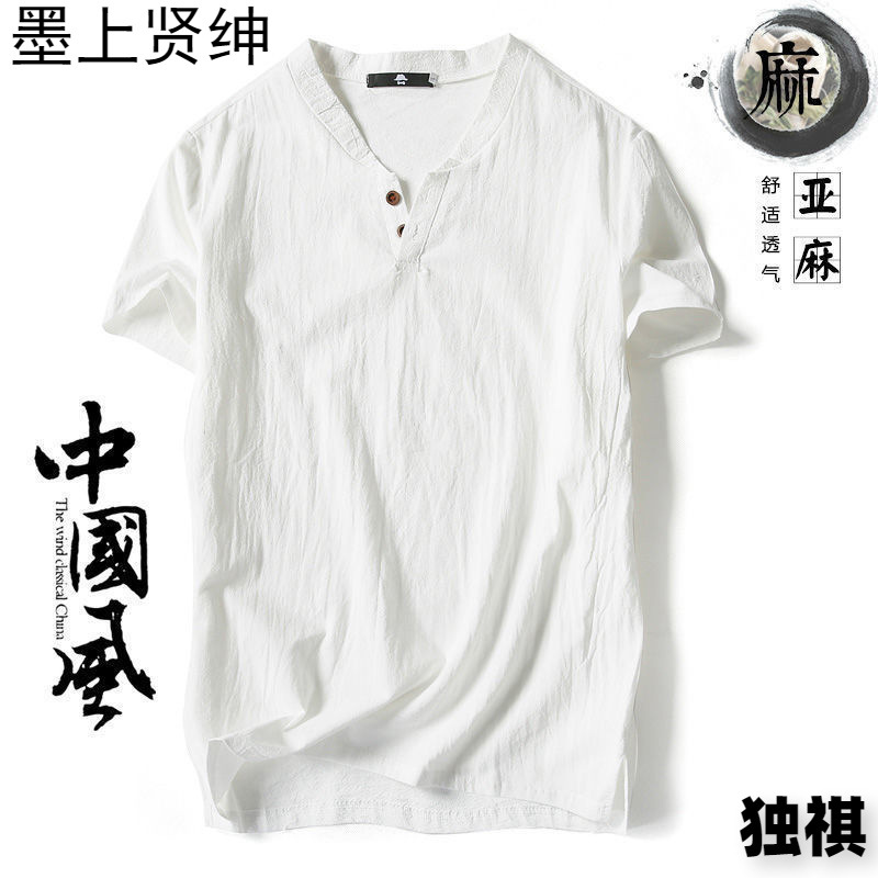 中国風亜麻tシャツ男性半袖夏純色綿麻半袖vネックシャツ中国式男性服百合上着