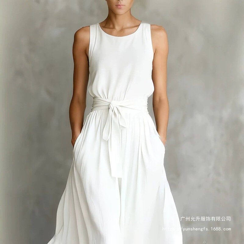 2026 New Cross-Border Style Sleeveless Dress with Waist Tie, Elegant Long Dress for Work and Vacation, Summer Women's Flowing Dress 2026 New Cross-Border Style Sleeveless Dress with Waist Tie, Elegant Long Dress for Work and Vacation, Summer Women's Flowing Dress