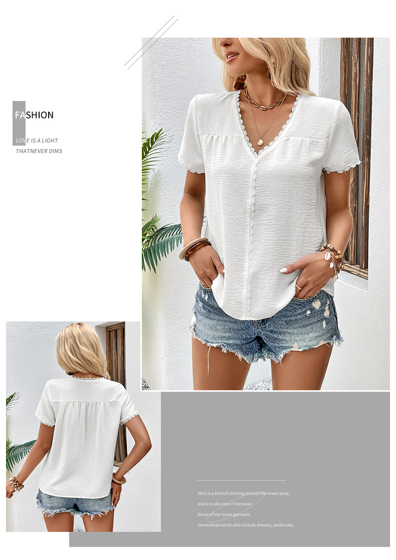 White Lace Stitching V-neck Short Sleeves Shirt_voghion.com
