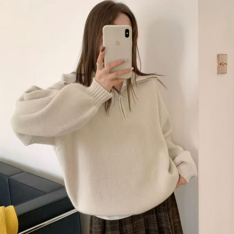 Two-Way Wear Loose Sweater for Women, New Autumn and Winter Korean Style, Thick Design, Lazy Style, High-Neck Knit Top