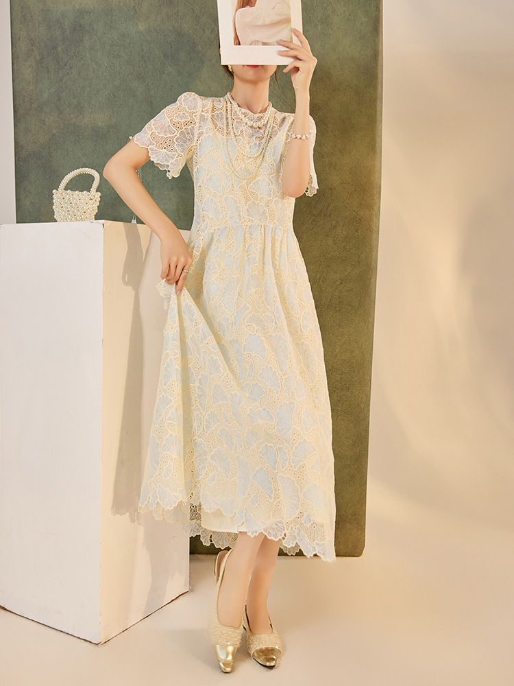 Đầm maxi nữ phong cách dân tộc dáng rộng, tay ngắn, thắt eo, thiết kế cổ tích mùa hè — Màu xanh lam hồng